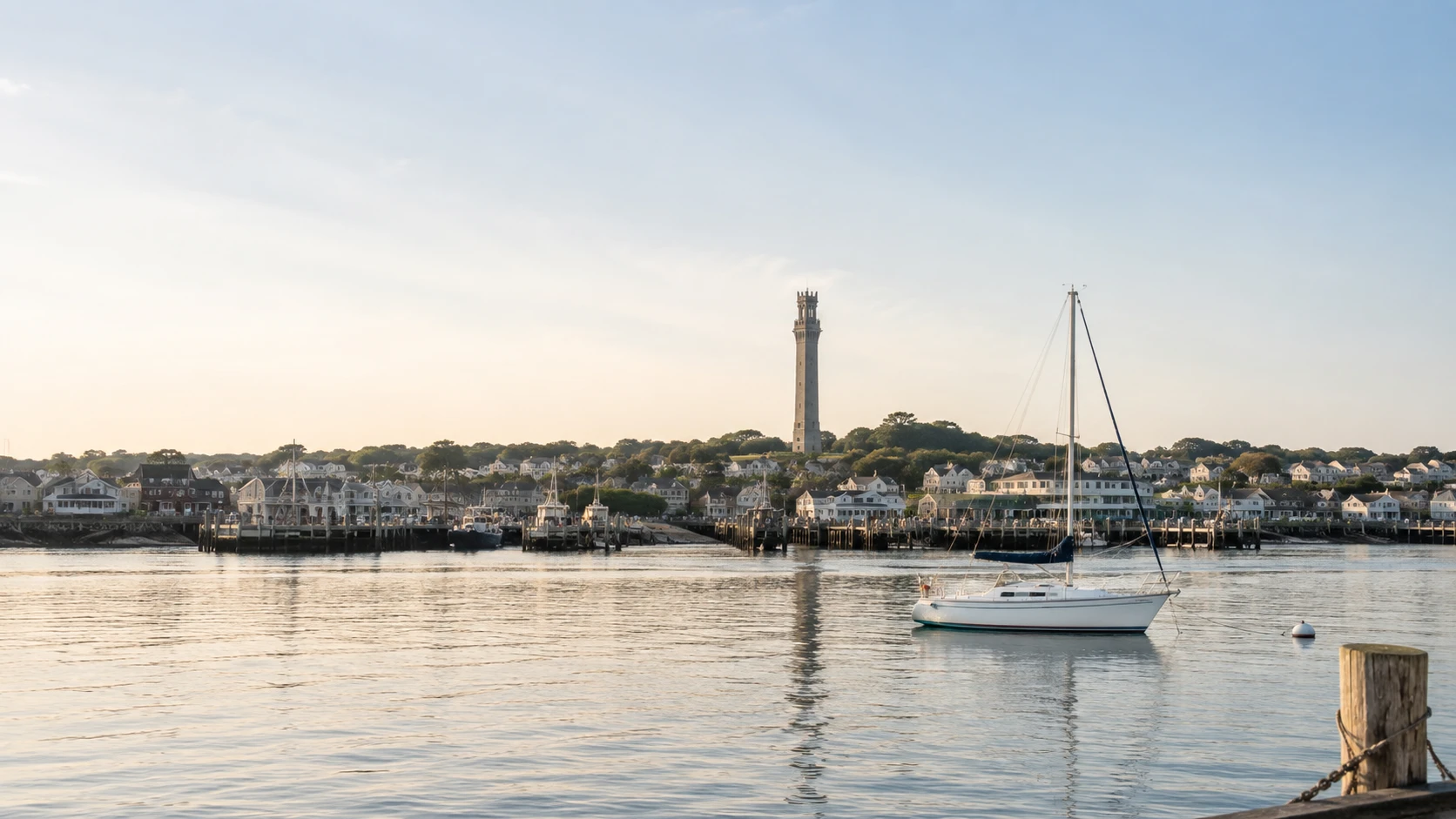 Provincetown harbor in soft morning light, with the Pilgrim Monument beyond the water