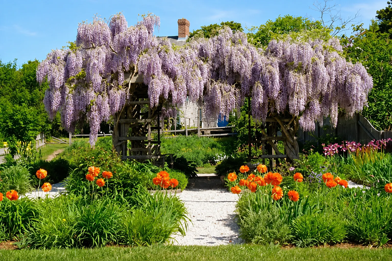 Wisteria-covered pergola at Suzanne’s Garden