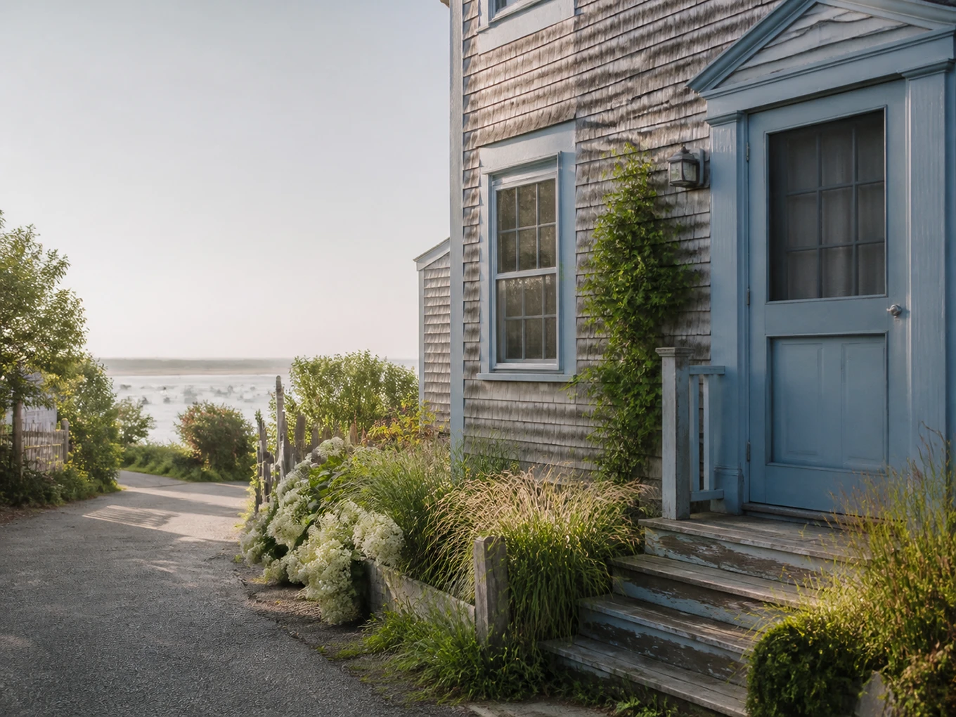 A weathered Provincetown cottage lane leading toward the harbor