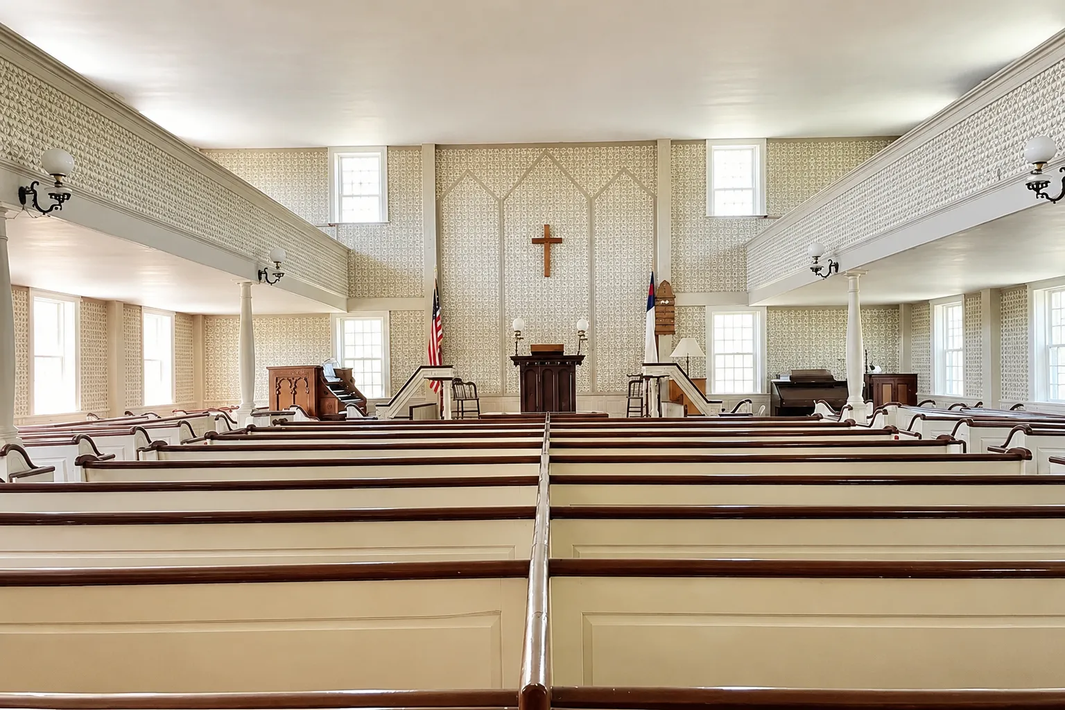Light-filled interior of the Truro Congregational Meetinghouse